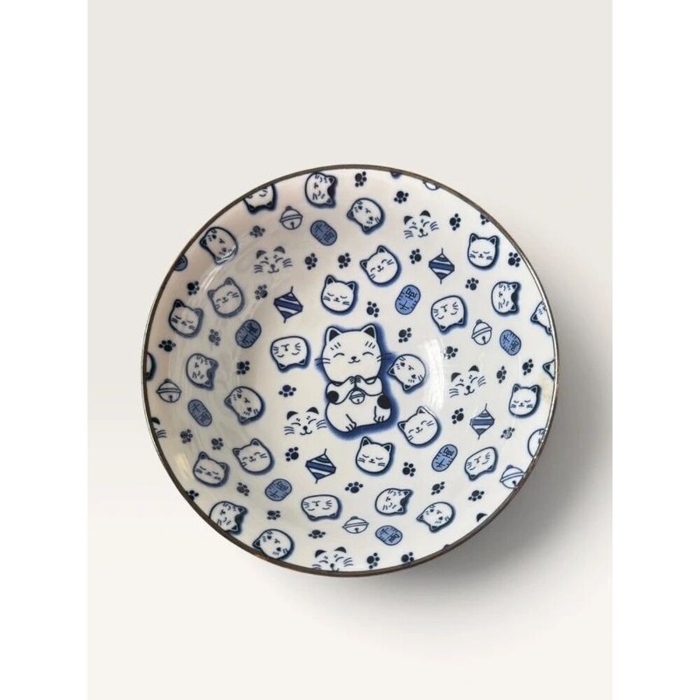 Tokyo Design Studio Japanese Porcelain Kawaii Lucky Cat Neko Bowl Blue White